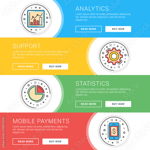 Set of flat line business website banner templates. Template for wesite headers. Vector illustration. Modern thin line icons in circle. Analytics, Support, Statistics, Mobile Payment