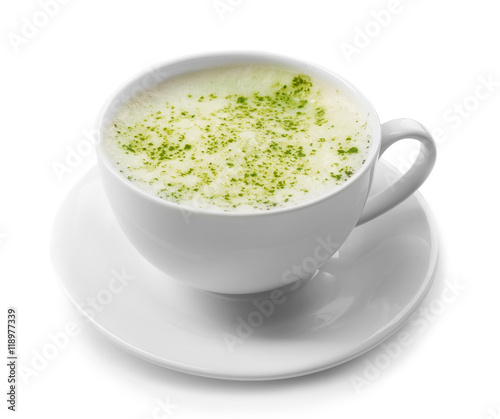 Cup of green matcha tea on white background