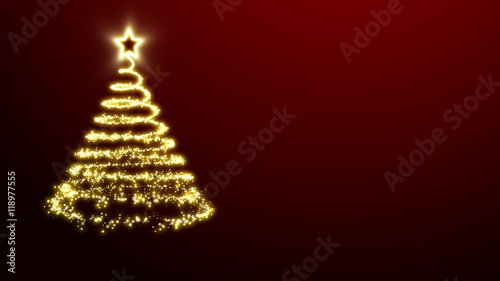 Golden lights Christmas tree with a star treetopper on a red background.