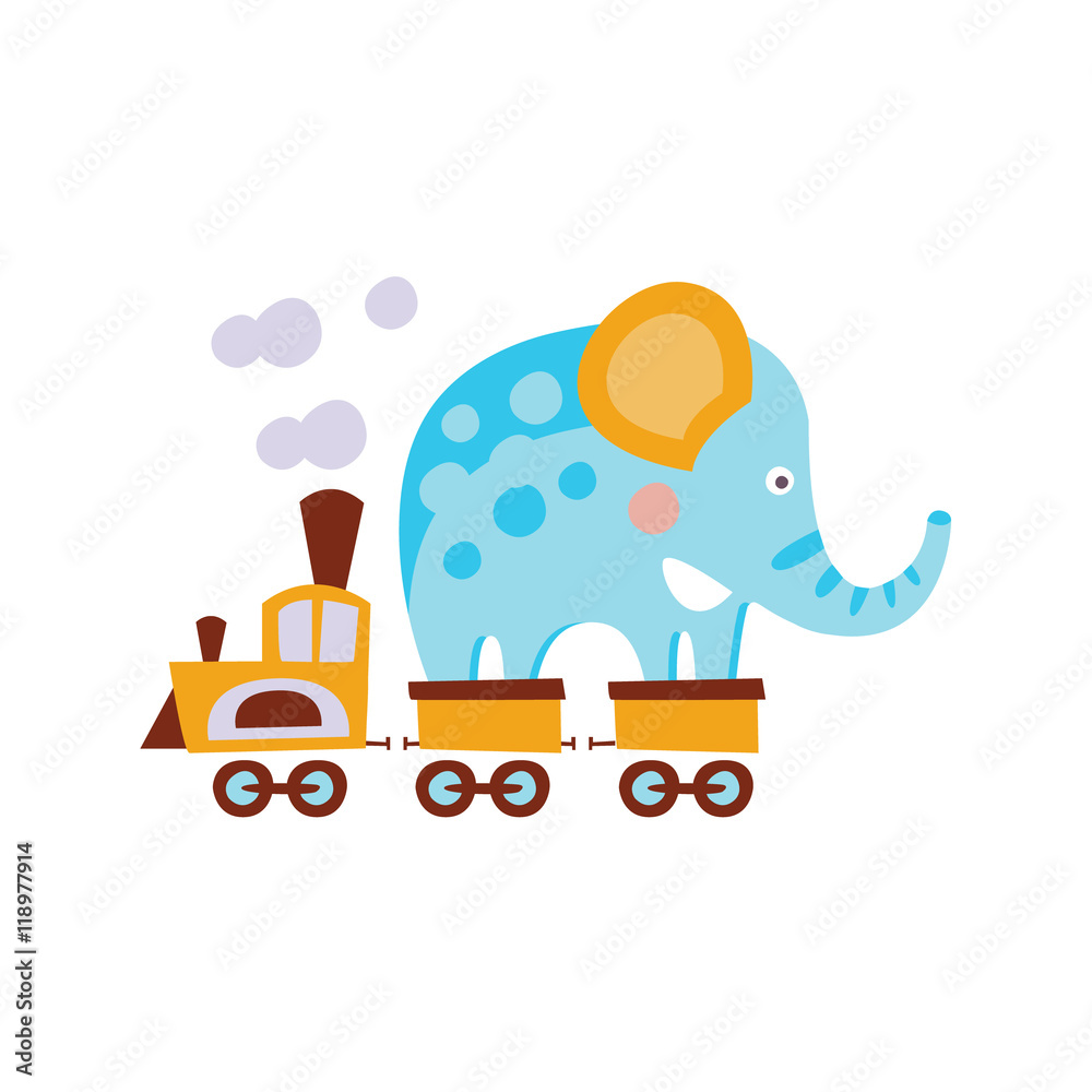 Fototapeta premium Elephant On Train Wagon Stylized Fantastic Illustration