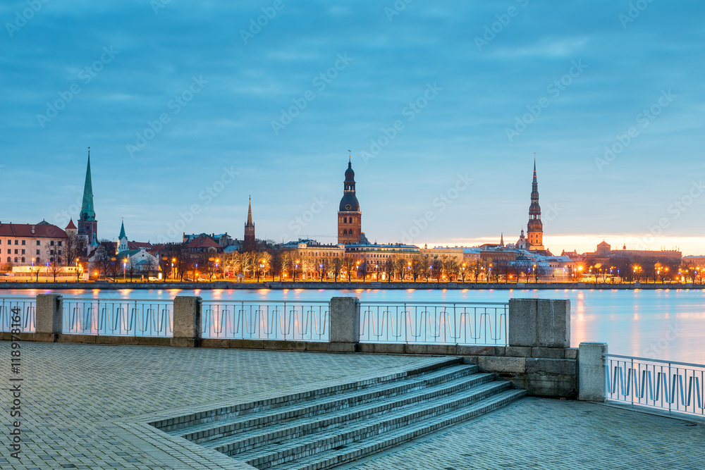 Night view on the center of old Riga city and medieval churches,  Latvia