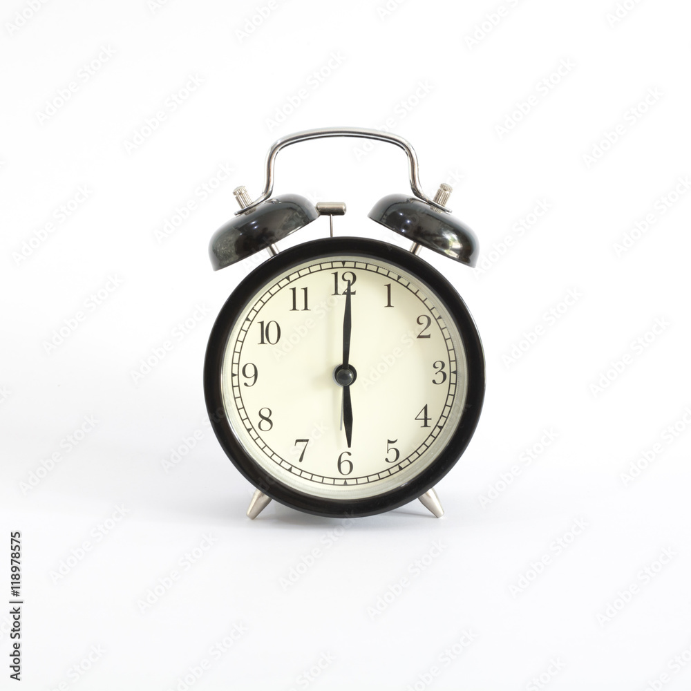 Alarm clock setting at 6 AM or PM isolated on white background Alarm clock setting at 6 AM or PM isolated on white background