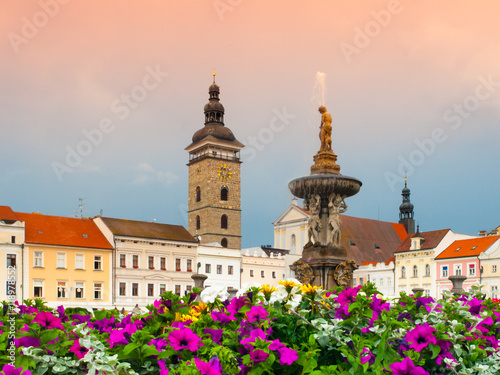 Black Tower and Samson's Fountain in Ceske Budejovice, Southern Bohemia, Czech Republic