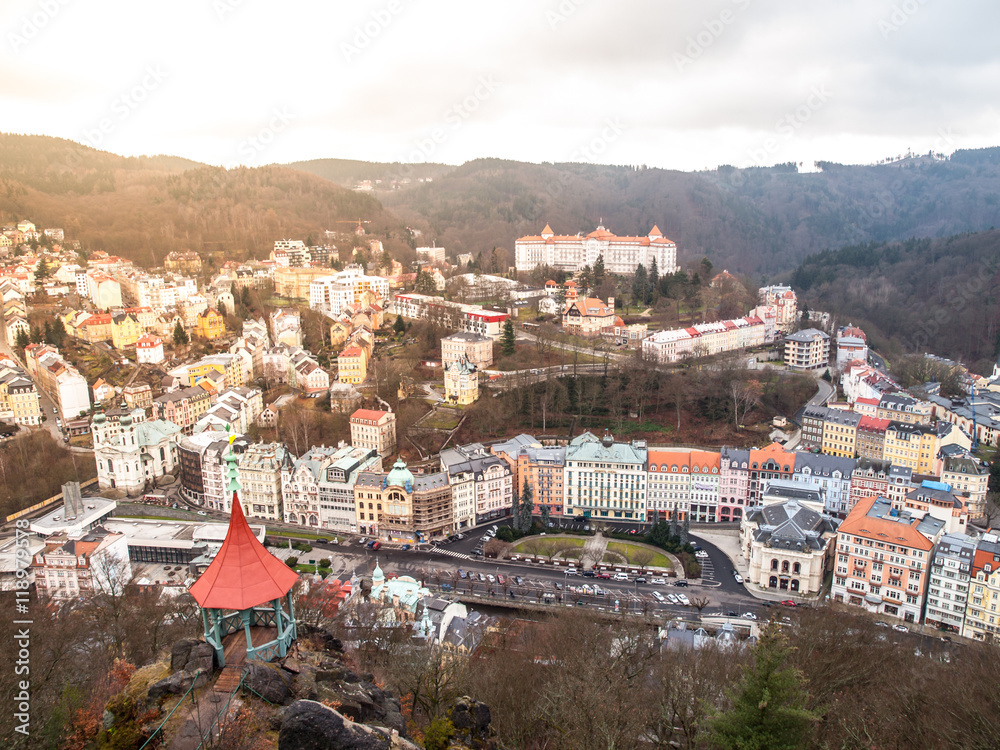 Aerial view of Karlovy Vary with spa, residential buildings and hotels in the valley of river Tepla, Czech Republic