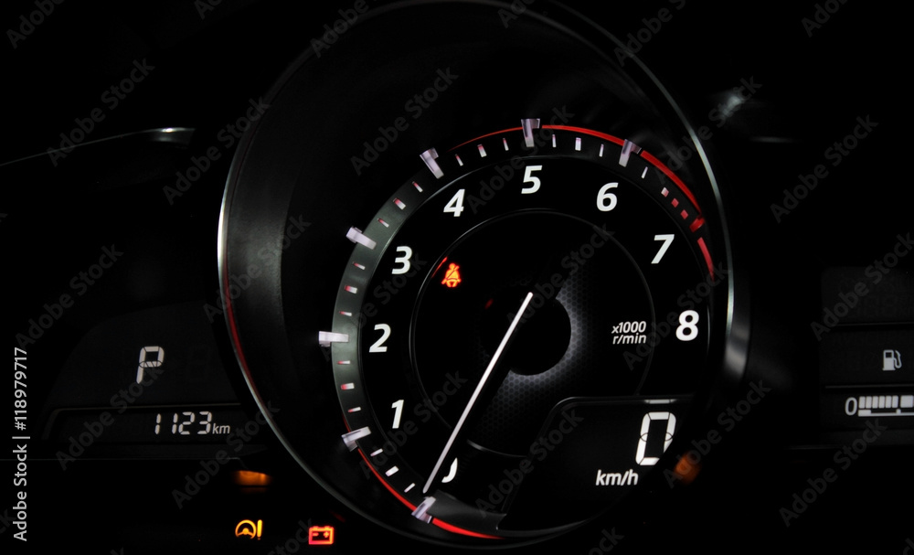 Tachometer Needle Indicate Revolutions of Engine and Speed on the Car Dashboard