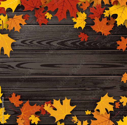 Wooden texture background with maple leaves.