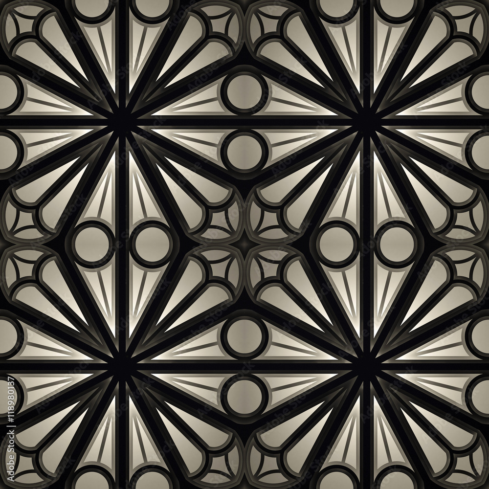 Vintage Seamless 3d texture based on sacred geometry. The pattern of the elements of a Gothic church: circles, crosses, intersection. Dark version.