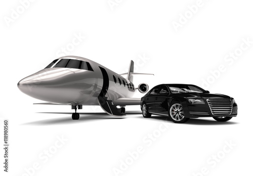 High Class transportation / 3D render image of a private jet with an expensive limousine representing high class transportation