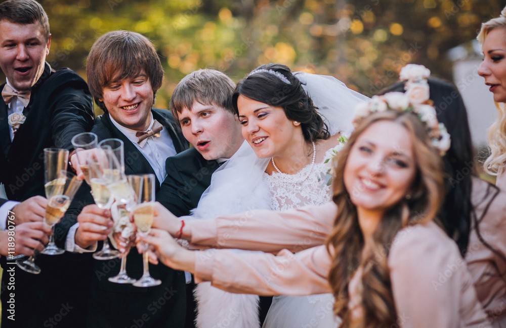 Obraz premium Wedding guests clinking glasses with the newlyweds at the park. Newlyweds with bridesmaids and groomsmen having fun. Toast. Champagne glass.