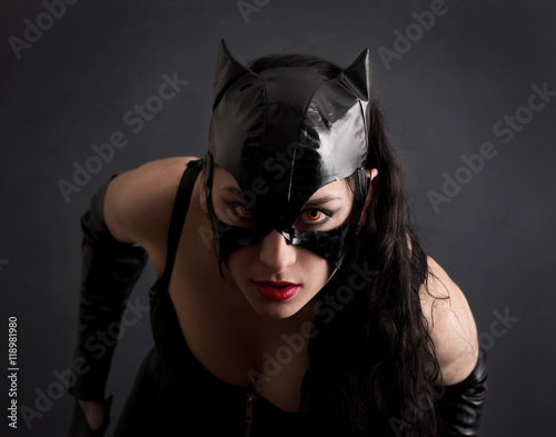 attractive woman in leather latex cat costume photo