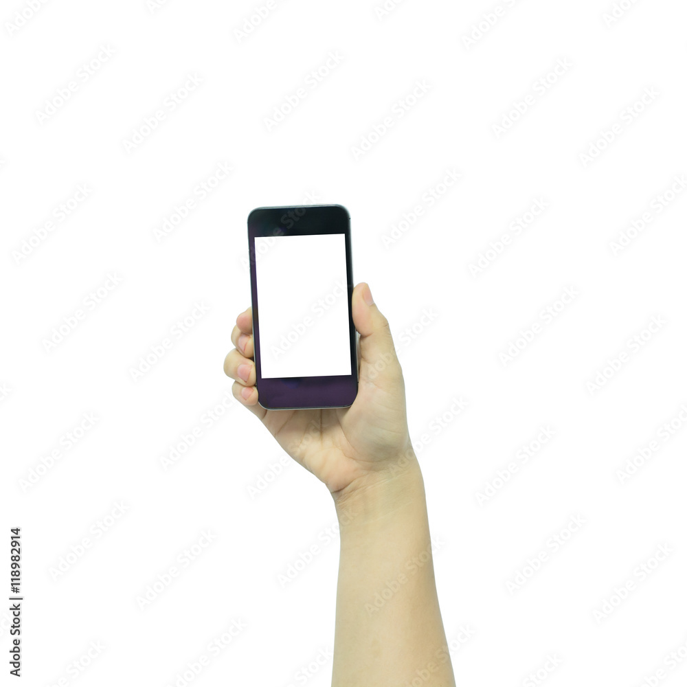 Woman hand holding the black smartphone with blank screen, isola Woman hand holding the black smartphone with blank screen, isola