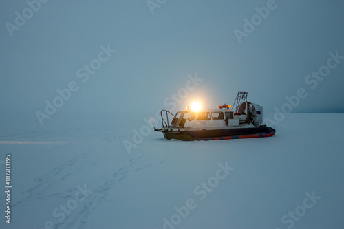 hovercraft in the fog and snow at Lake Baikal