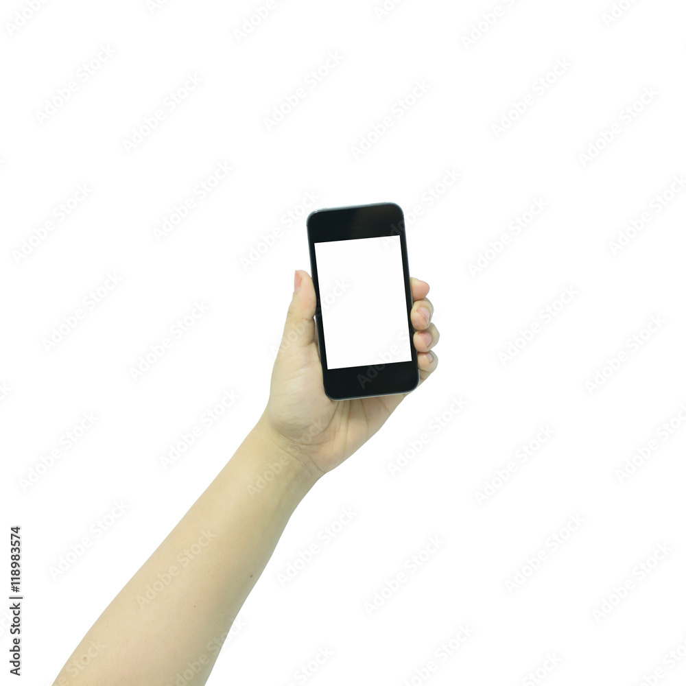 Woman hand holding the black smartphone with blank screen, isola Woman hand holding the black smartphone with blank screen, isola