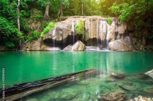 Erawan Waterfall is a beautiful waterfall in spring forest in Kanchanaburi province, Thailand.