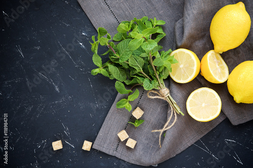 Ingredients for mint tea with lemon. Top view