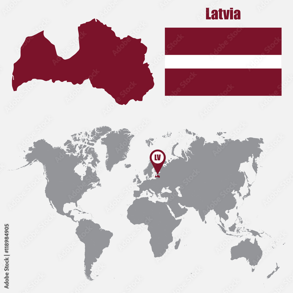 Obraz premium Latvia map on a world map with flag and map pointer. Vector illustration