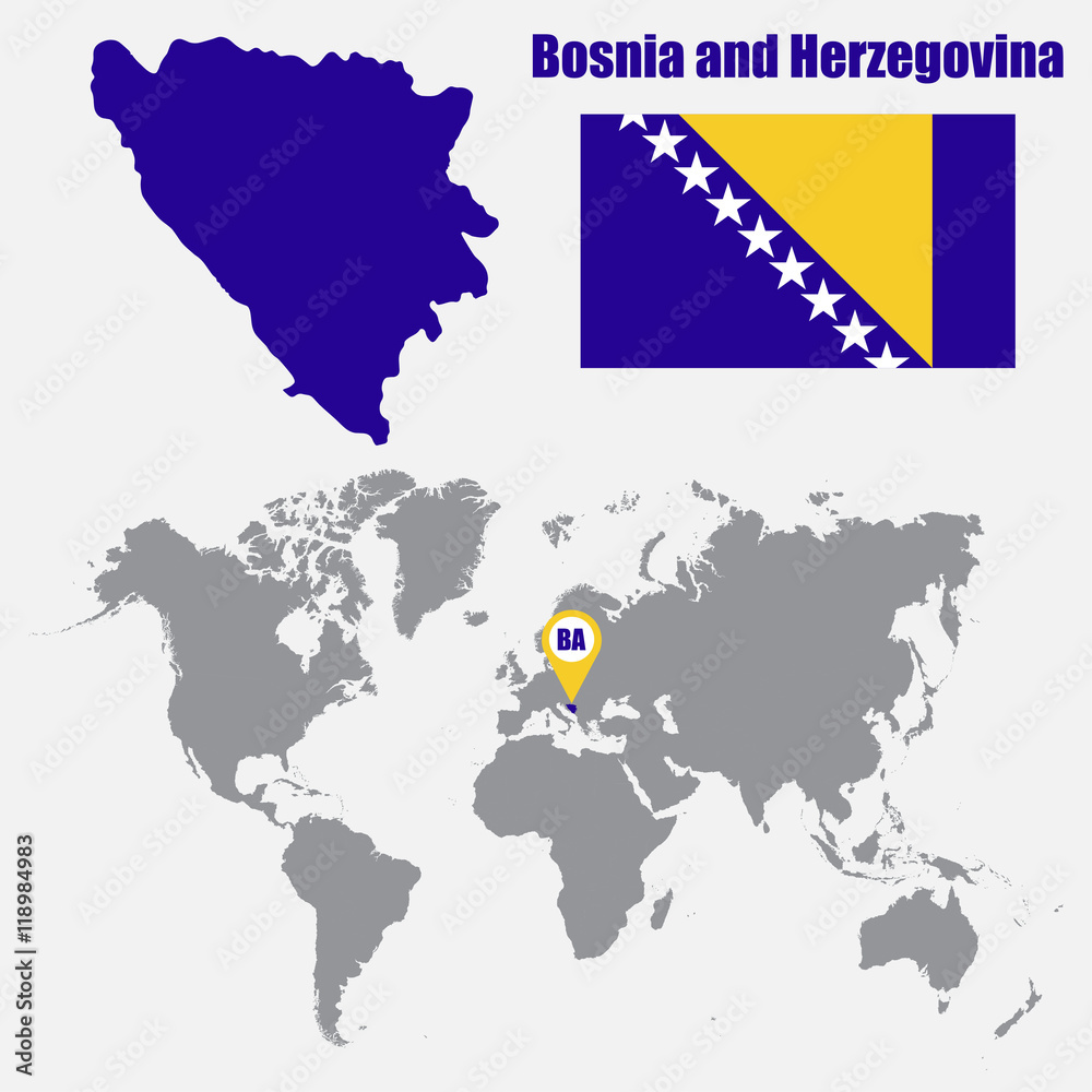 Fototapeta premium Bosnia and Herzegovina map on a world map with flag and map pointer. Vector illustration