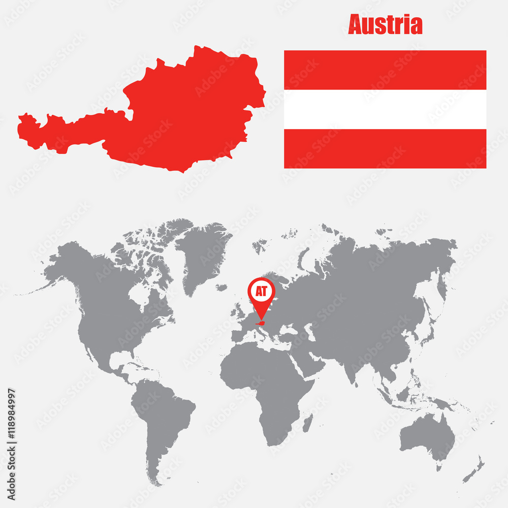 Fototapeta premium Austria map on a world map with flag and map pointer. Vector illustration