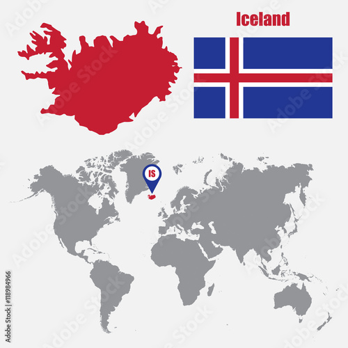 Iceland map on a world map with flag and map pointer. Vector illustration