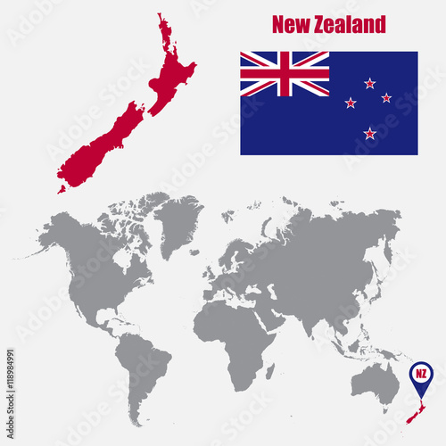 New Zealand map on a world map with flag and map pointer. Vector illustration