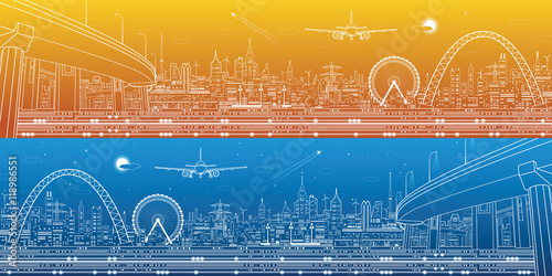 Industrial and technology panorama, urban landscape, infrastructure scene, day and night city, vector design art