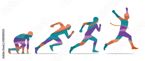 Running step. Runner from start to finish. Side view.