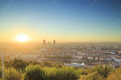 Lyon at a summer sunrise. Seen from Fourviere.