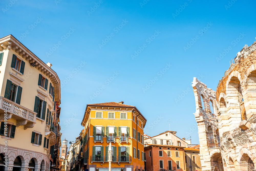 Beautiful buildings on Bra square near Arena in Verona city in Italy