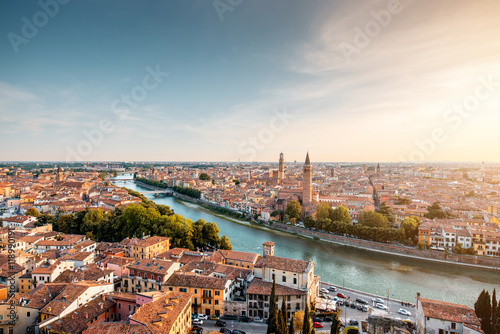 Panoramic aerial view on Verona old town from the castle hill on the sunset photo