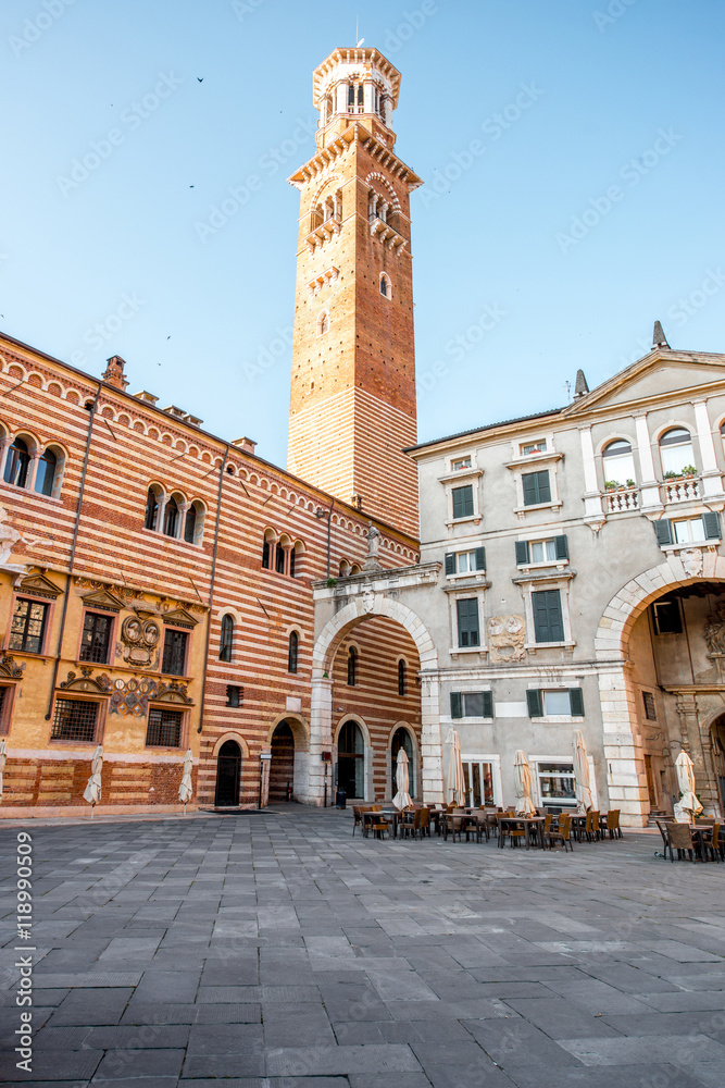 Obraz premium Ragione palace with Lamberti tower in the center of Verona old town in Italy