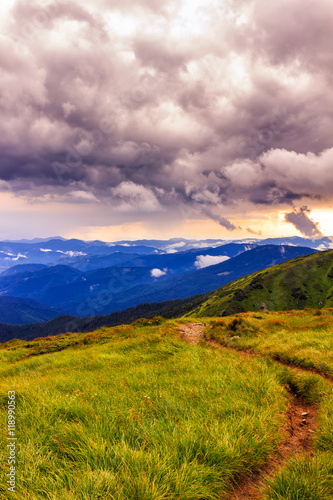 Picturesque and dramatic Carpathian mountains landscape, sunset evening time, Ukraine. © O.Farion