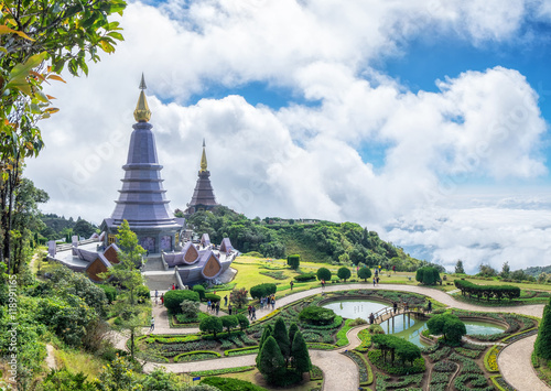 Phra Maha Dhatu Nabha Metaneedol, two pagoda landmark in valley on top mountain scenic, doi inthanon, chiang mai © Mumemories