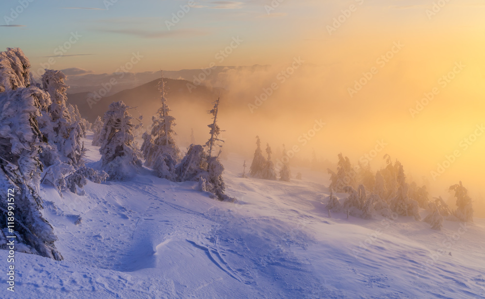 Beautiful winter landscape in the mountains. Sunrise.
