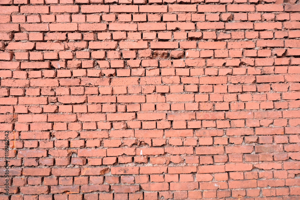 Old red brick wall as background horizontal view closeup Old red brick wall as background horizontal view closeup