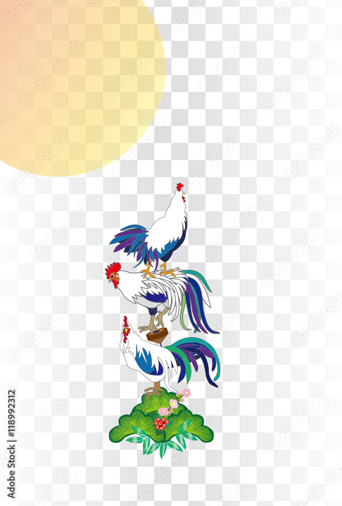 ニワトリと松の葉と日の出の酉年のイラスト年賀状ベクターeps 素材 Stock Vector Adobe Stock
