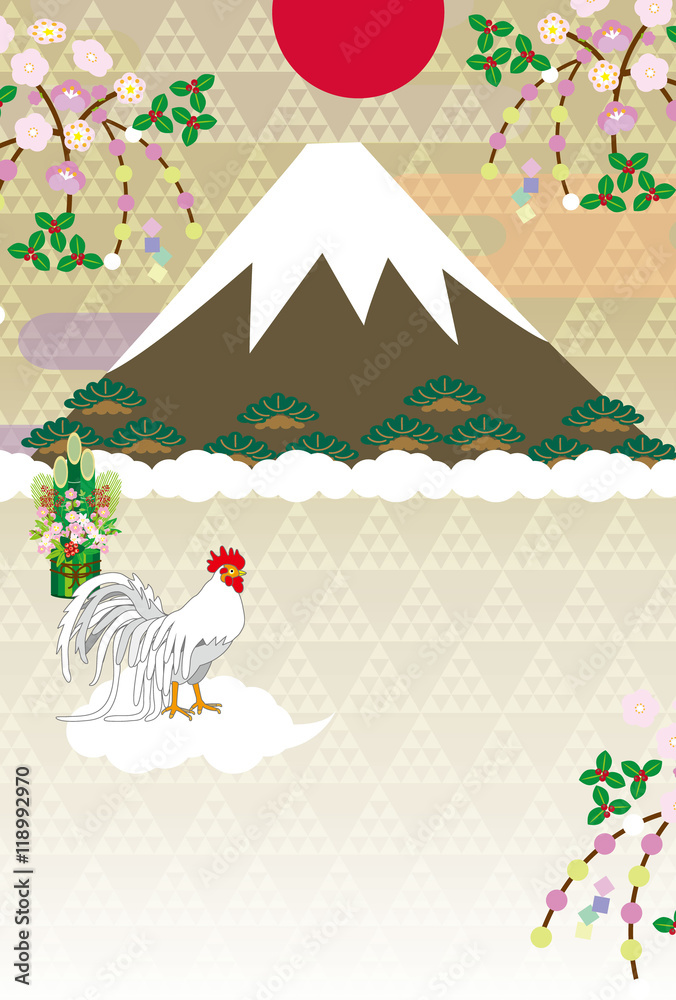 ニワトリと日の出の富士山と門松の酉年のイラスト年賀状ベクターeps 素材 Stock Vector Adobe Stock