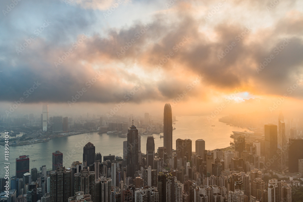 Famed skyline of Hong Kong from Victoria Peak in a foggy morning