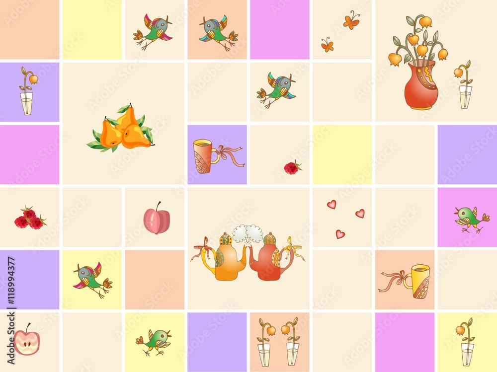 Collection of colorful ceramic kitchen tiles with teapots, flowers, birds, hearts, fruits and berries. Vector illustration.