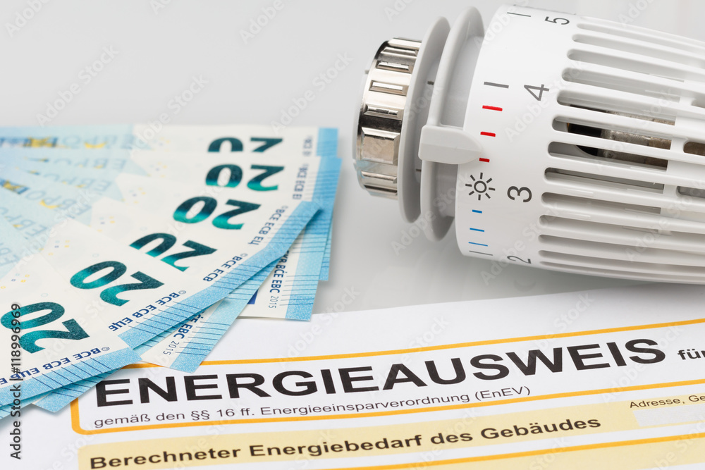 Thermostat money and energy pass accoring german law, symbol for heating costs Thermostat money and energy pass accoring german law, symbol for heating costs