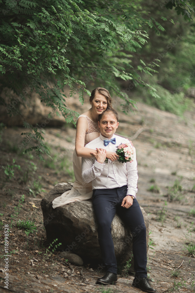 Beautifull wedding couple kissing and embracing near the shore of a mountain river with stones Beautifull wedding couple kissing and embracing near the shore of a mountain river with stones