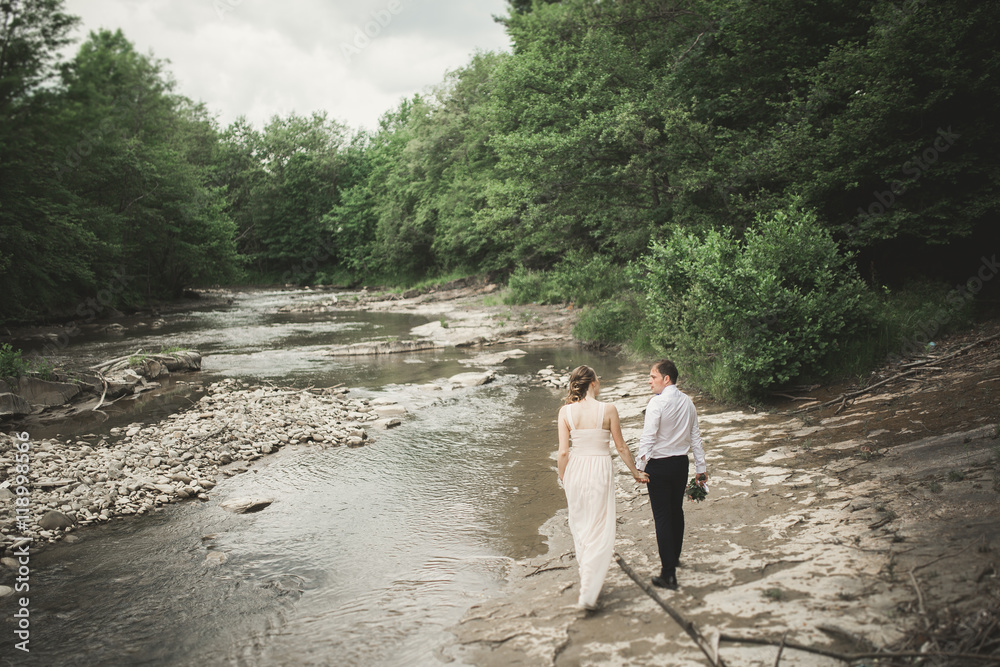 Elegant gentle stylish groom and bride near river with stones. Wedding couple in love