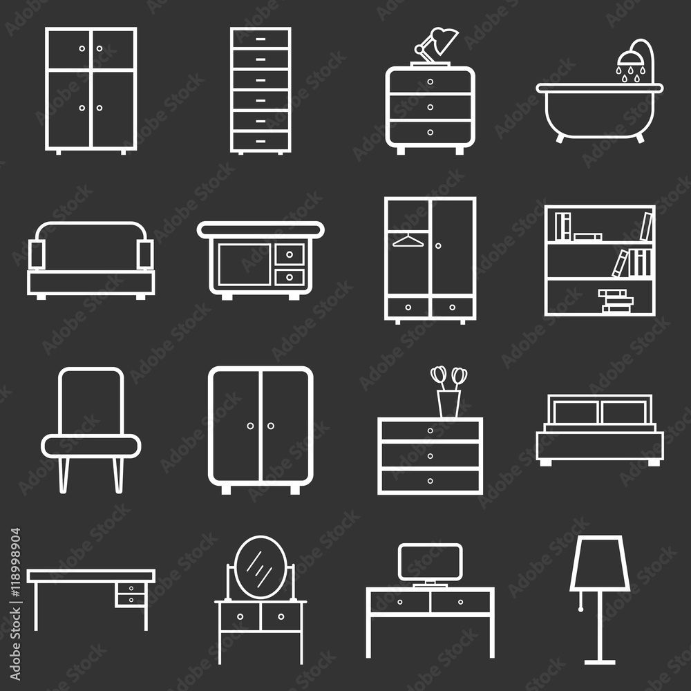 Furniture icons set. Flat vector illustration on black background. Universal icon for web design. Furniture icons set. Flat vector illustration on black background. Universal icon for web design.