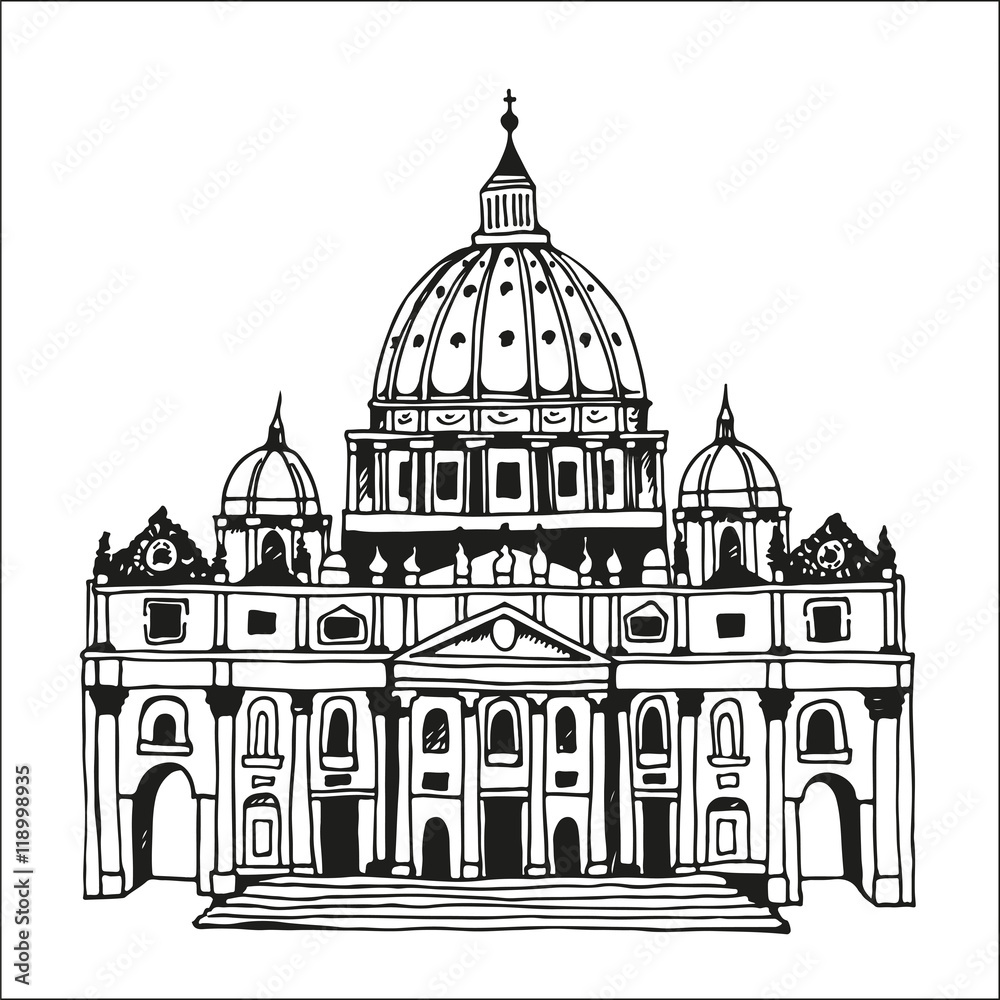 Hand drawn St. Peter's Basilica, Vatican, Rome, Italy