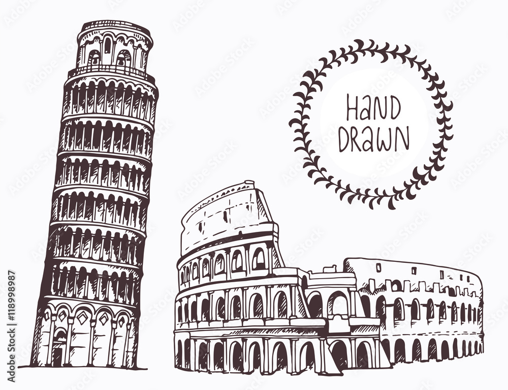 Hand drawn Tower of Pisa and Coliseum