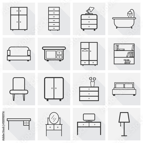 Furniture icons set. Flat vector illustration with long shadow on grey background. Universal icon for web design.