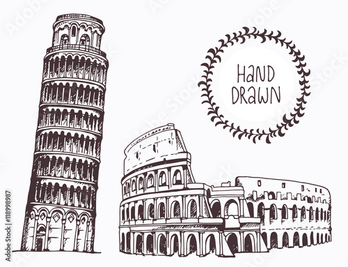 Hand drawn Tower of Pisa and Coliseum