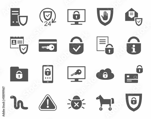 Protection of information, icons, monochrome. Information technology, data security system. Vector flat icons on white background. 