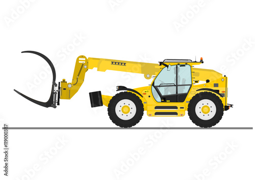 Telescopic handler with log and pipe grapple on a white background. Flat vector