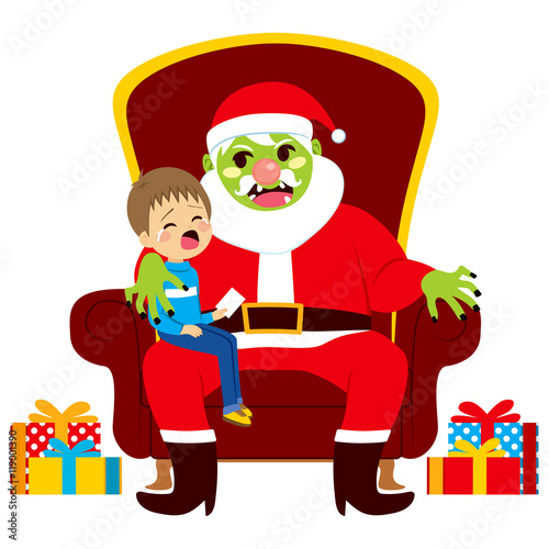 Santa zombie sitting with crying kid holding letter with Christmas presents wishes