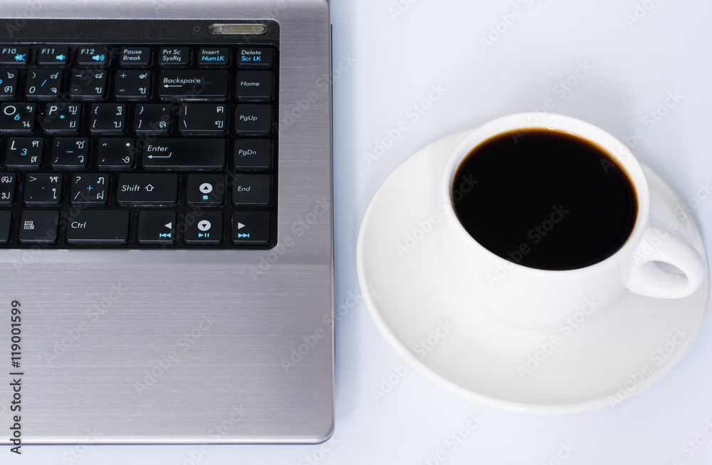Laptop and coffee cup on white